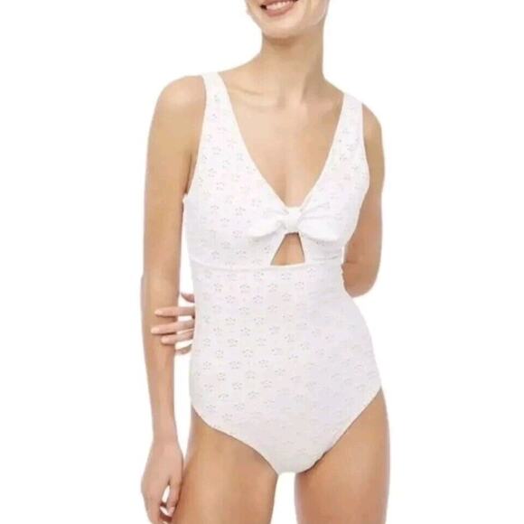J Crew Swimsuit Sz XXL White Eyelet Nude V Neck Tie Front Cutout One Pc NEW - Picture 1 of 16